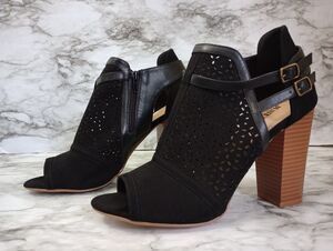 Just Fab Black Faux Suede Eyelet Open Toe High Heel Ankle Boots Booties Size 9.5